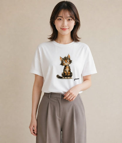 デザインTシャツ レディース 三毛猫 みけねこ 三毛 猫 ねこ イラスト 手描き風 お出かけ 普段着 白T