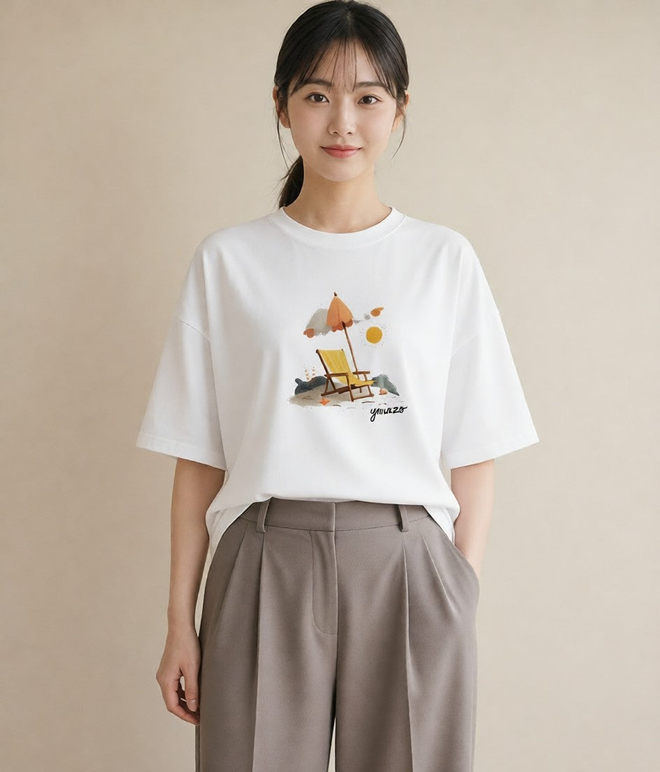 Tシャツ レディース 海 リゾート 夏 イラスト ラフカジュアル お出かけ 普段着 白T