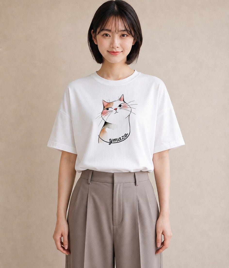 プリントTシャツ レディース 白猫 猫 ねこ イラスト ゆるコーデ 海 カフェ巡り 白T