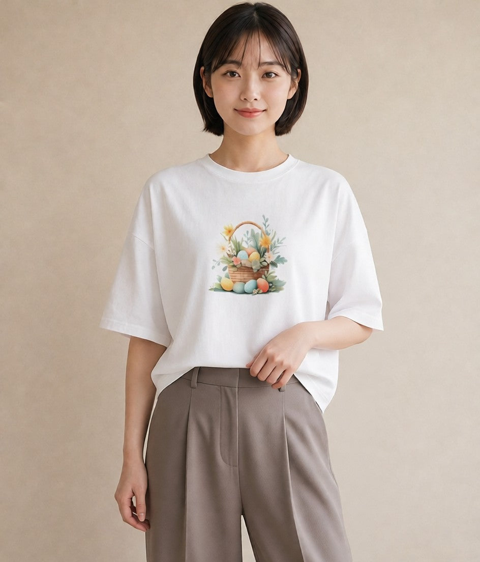プリントTシャツ レディース 自転車のかご 自転車 花かご ナチュラル アンティーク イラスト 個性的 20代 カジュアルコーデ 白T