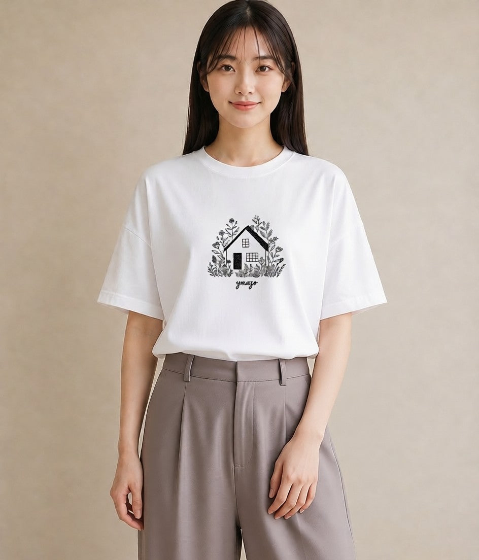 半袖Tシャツ レディース 湖畔の小屋 湖 小屋 ナチュラル アンティーク イラスト レトロ 秋コーデ おしゃれギフト 白T