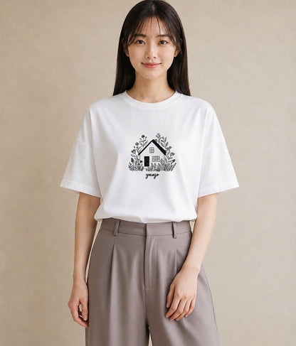 半袖Tシャツ レディース 湖畔の小屋 湖 小屋 ナチュラル アンティーク イラスト レトロ 秋コーデ おしゃれギフト 白T
