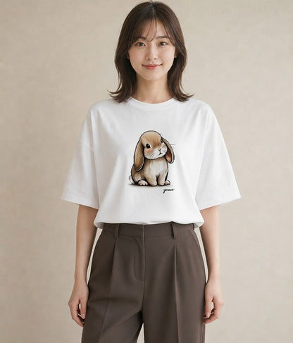 半袖Tシャツ レディース ロップイヤー ペット 動物 イラスト カフェコーデ 社会人 女性 白T