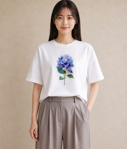 プリントTシャツ レディース あじさい 紫陽花 アジサイ 花 花柄 イラスト 上品 友達ギフト 部屋着 白T