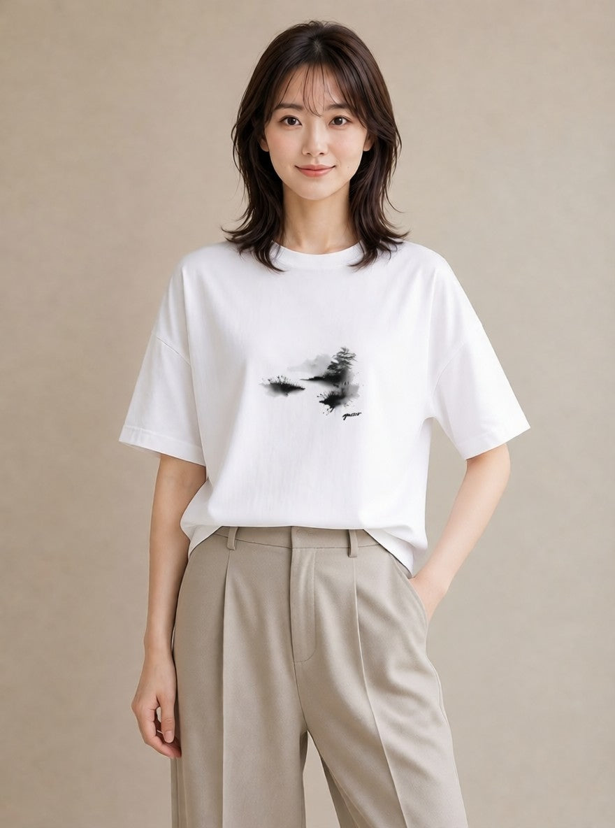 グラフィックTシャツ レディース 桟橋 水辺 波止場 ナチュラル アンティーク イラスト ヴィンテージ風 公園 ママ 白T