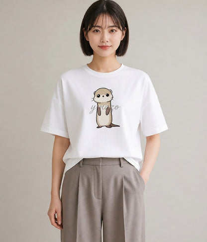 半袖Tシャツ レディース コツメカワウソ 動物 アニマル イラスト シンプル 普段着 週末コーデ 白T