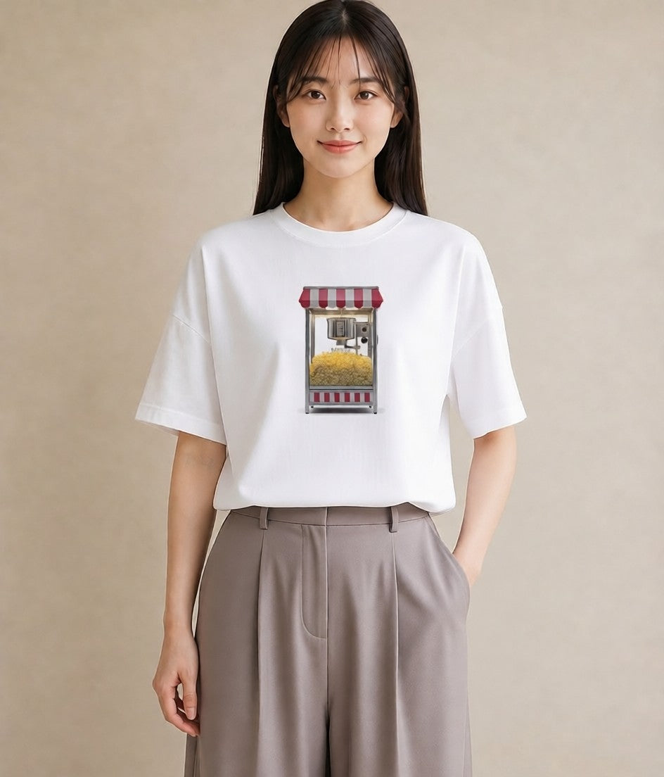 プリントTシャツ レディース ポップコーン 食べ物 フード イラスト ラフカジュアル 通勤 在宅 白T