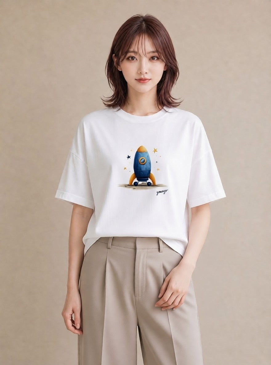 Tシャツ レディース ロケット 星空 宇宙 イラスト 普段使い ペアコーデ 秋コーデ 白T