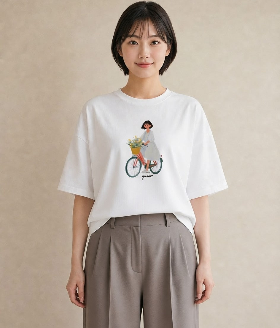 プリントTシャツ レディース 自転車のかご 自転車 花かご ナチュラル アンティーク イラスト きれいめカジュアル 姉妹 送別ギフト 白T