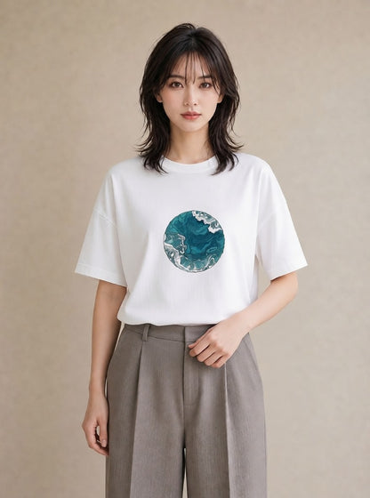 デザインTシャツ レディース 海 星空 宇宙 イラスト ラフカジュアル ママ カフェ服 白T