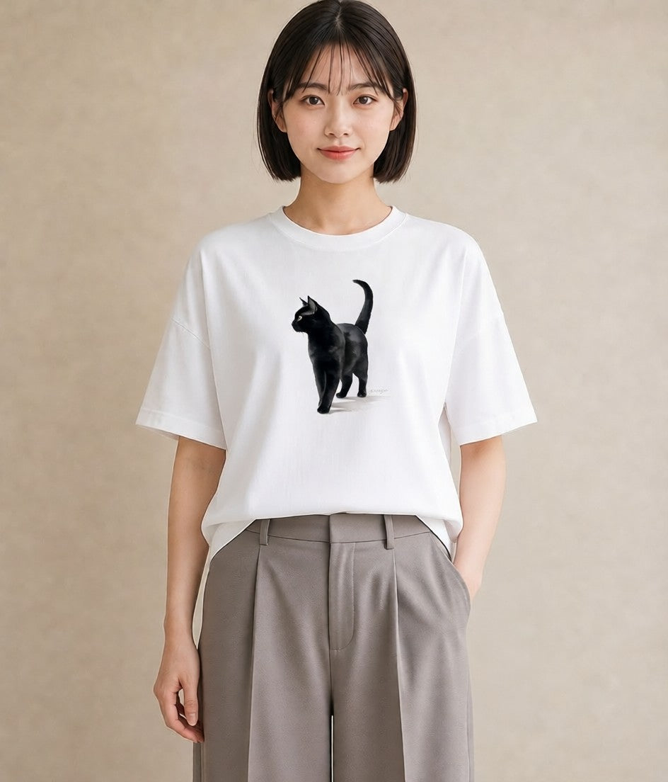 半袖Tシャツ レディース アメリカンショートヘア 猫 ねこ イラスト フェミニン 社会人 女性 白T