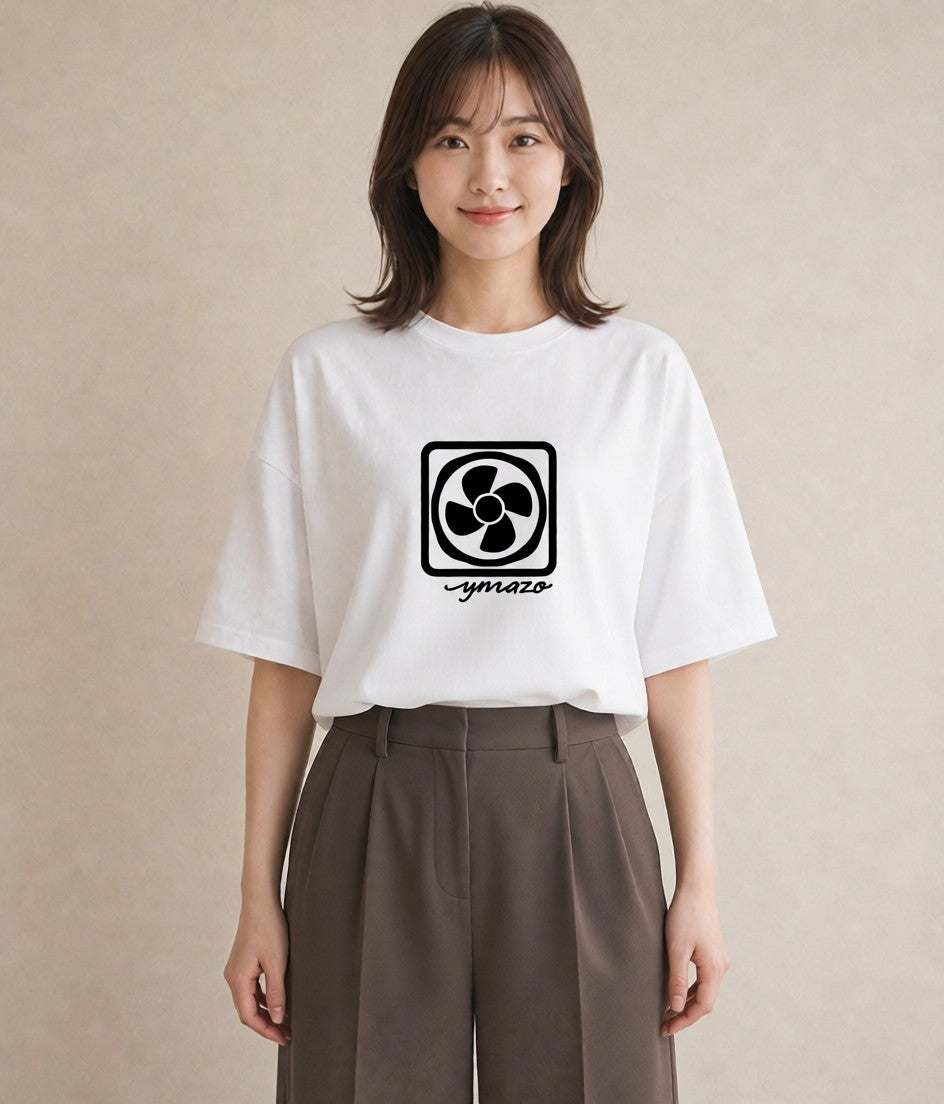 プリントTシャツ レディース 扇子 そよ風 ナチュラル アンティーク イラスト アート風 公園 ママ 白T