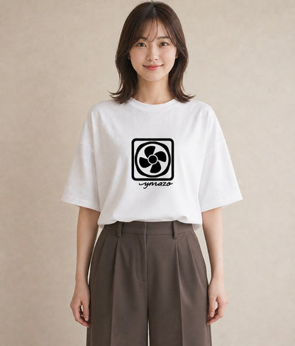 プリントTシャツ レディース 扇子 そよ風 ナチュラル アンティーク イラスト アート風 公園 ママ 白T