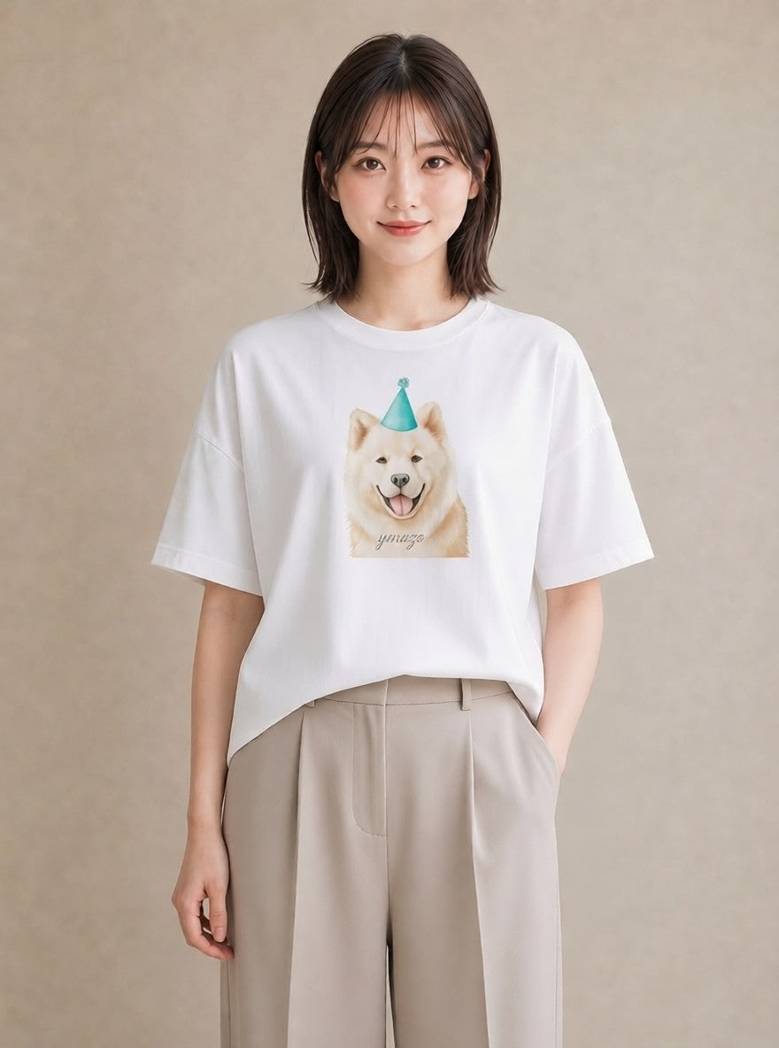 半袖Tシャツ レディース サモエド 犬 いぬ イラスト 可愛い 母の日 ビーチ 白T