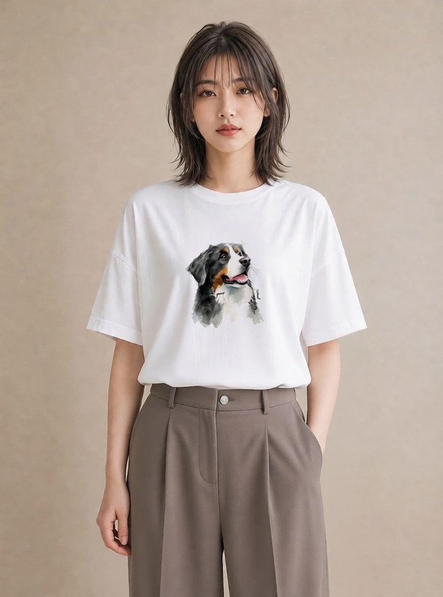 デザインTシャツ レディース バーニーズマウンテンドッグ 犬 いぬ イラスト 北欧風 ミセス 春コーデ 白T