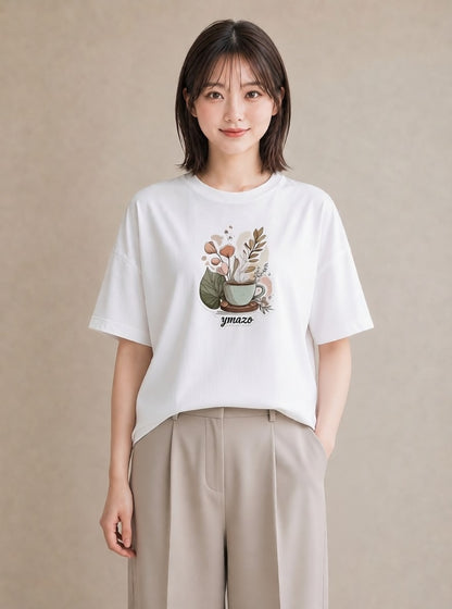 Tシャツ レディース カフェオレ 食べ物 フード イラスト ナチュラル 在宅 公園 白T