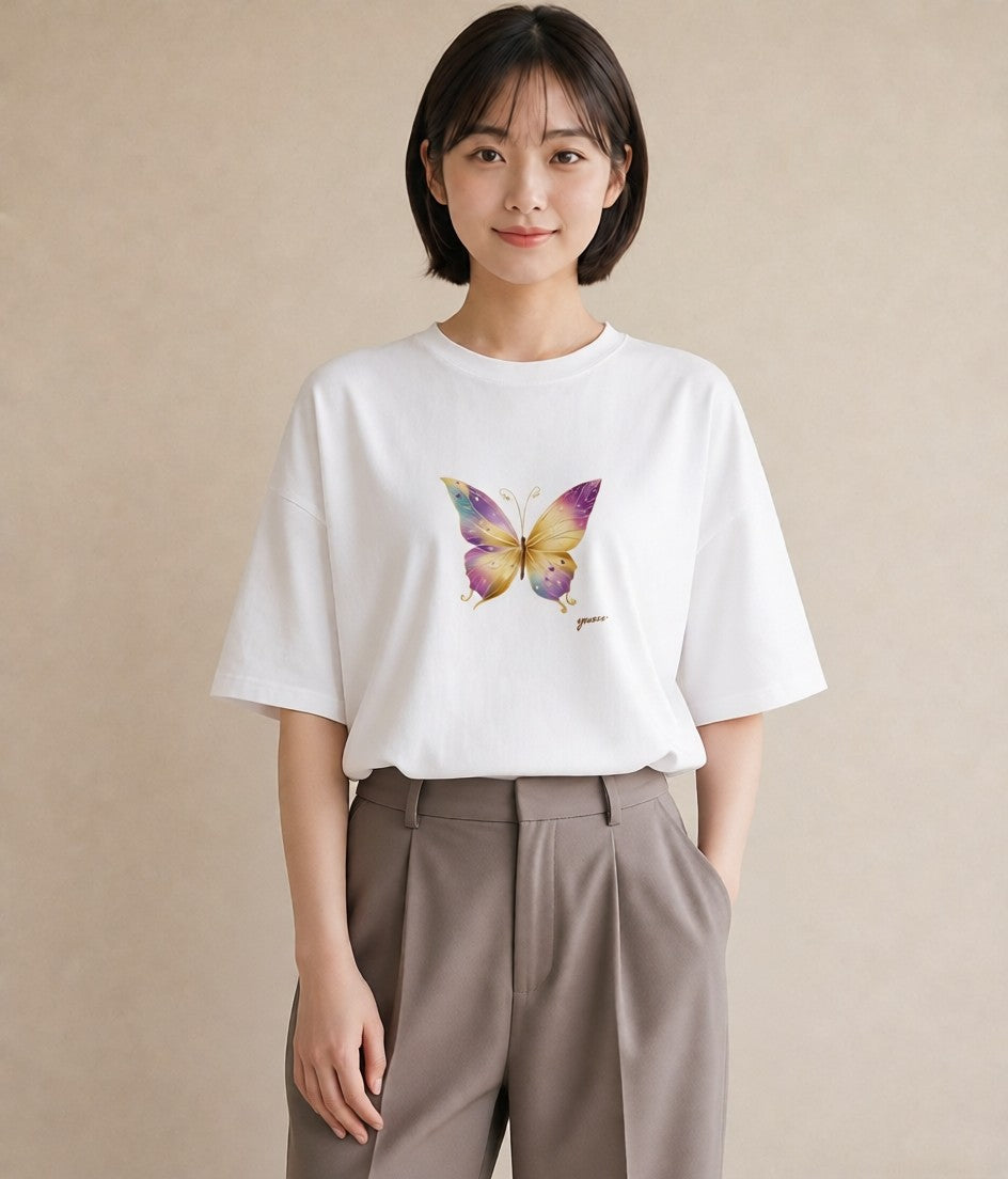 プリントTシャツ レディース ちょうちょ 蝶 バタフライ 昆虫 虫 イラスト きれいめ ホワイトデー 春服 白T