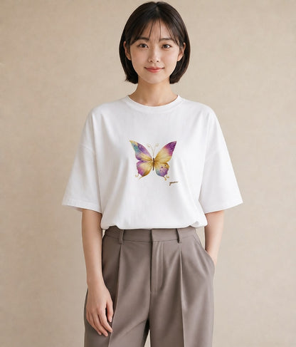 プリントTシャツ レディース ちょうちょ 蝶 バタフライ 昆虫 虫 イラスト きれいめ ホワイトデー 春服 白T