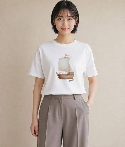 Tシャツ レディース 紙の船 水辺 ナチュラル アンティーク イラスト きれいめカジュアル 友達ギフト 部屋着 白T