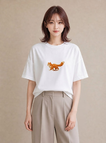 グラフィックTシャツ レディース 茶トラ 茶猫 猫 ねこ イラスト 淡色 自分用 ルームウェア 白T