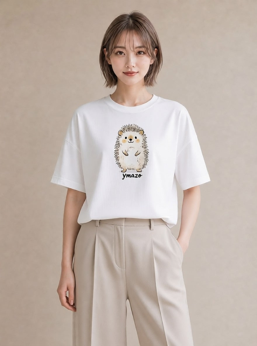 半袖Tシャツ レディース ハリネズミ ペット 動物 イラスト カジュアル 友達ギフト 部屋着 白T