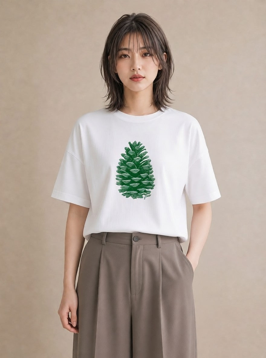 半袖Tシャツ レディース 松ぼっくり 植物 ボタニカル イラスト 抜け感 親子 20代 白T