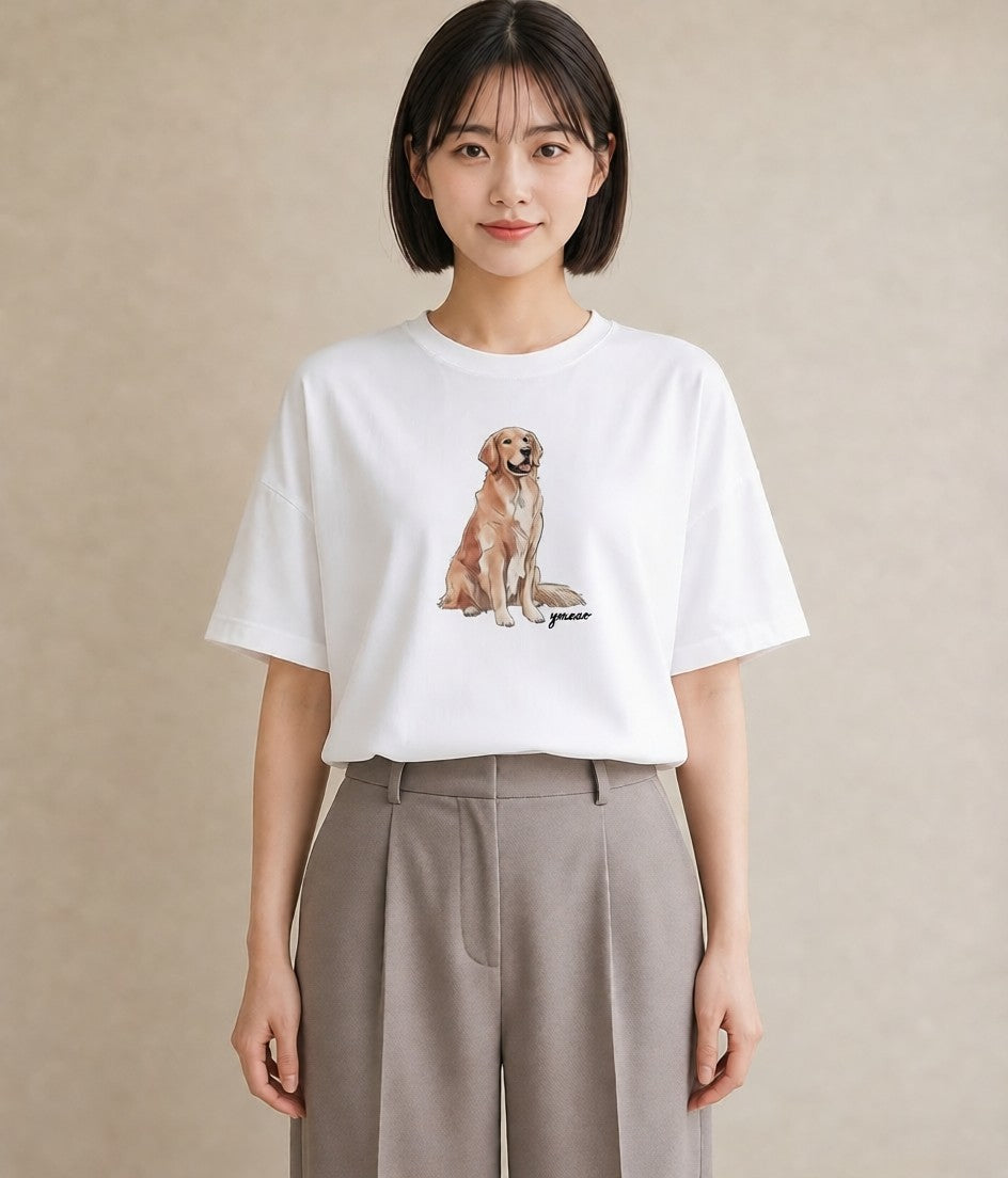 デザインTシャツ レディース ゴールデンレトリバー ゴールデン 犬 いぬ イラスト ラフカジュアル ペアコーデ 秋コーデ 白T