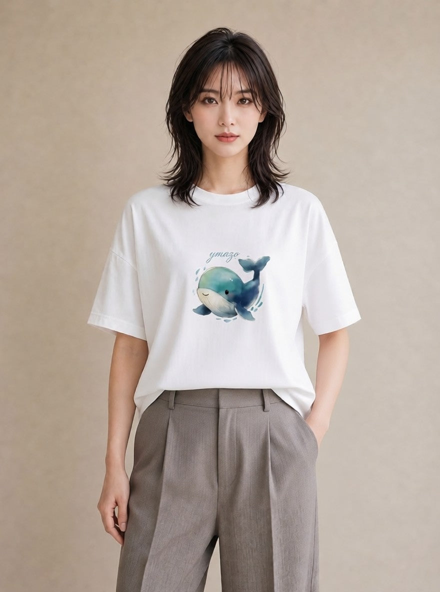 プリントTシャツ レディース シャチ 海の生き物 海 イラスト 上品 友達ギフト 部屋着 白T