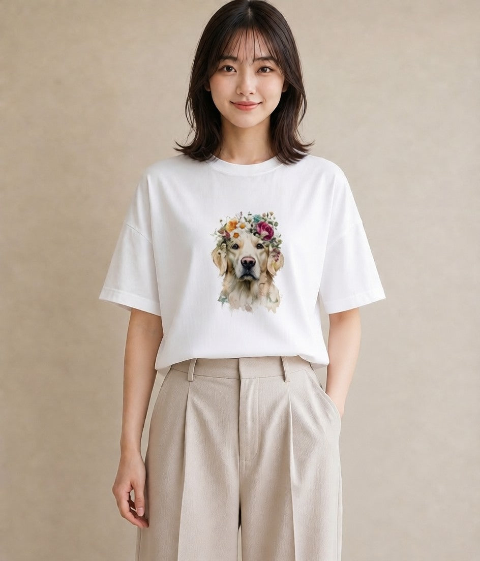 半袖Tシャツ レディース ゴールデンレトリバー ゴールデン 犬 いぬ イラスト シック 帰省 ラフ 白T