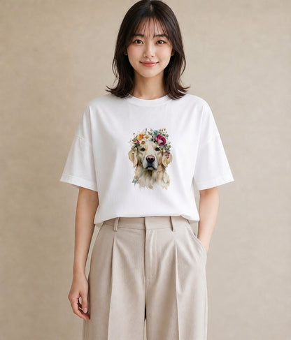 半袖Tシャツ レディース ゴールデンレトリバー ゴールデン 犬 いぬ イラスト シック 帰省 ラフ 白T