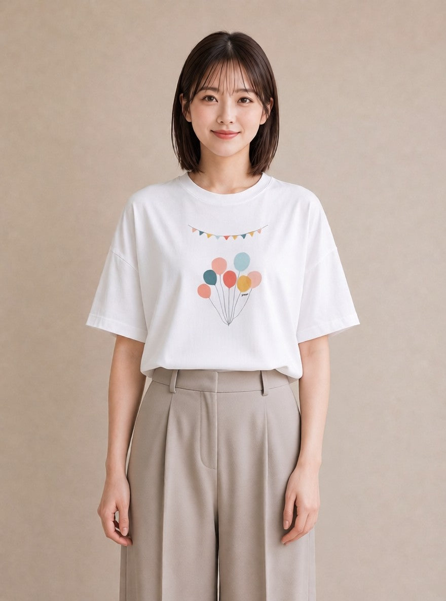 プリントTシャツ レディース 紙風船 和紙 ナチュラル アンティーク イラスト レトロ 自分用 ルームウェア 白T