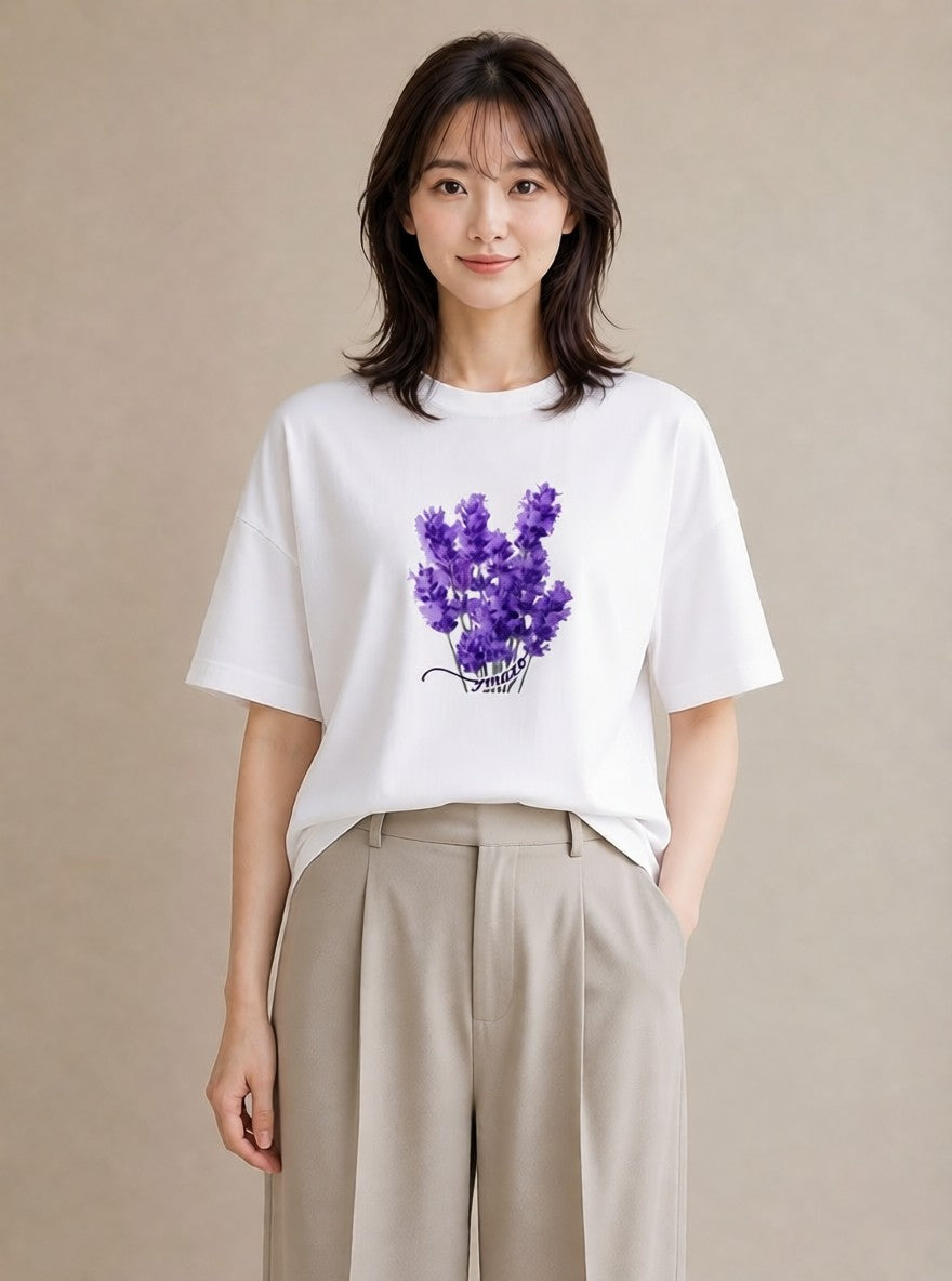 半袖Tシャツ レディース ラベンダー 花 花柄 イラスト 韓国風 誕生日プレゼント 綿100 白T