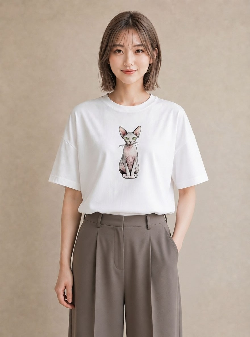 グラフィックTシャツ レディース おすわり猫 猫 ねこ イラスト きれいめカジュアル デイリーウェア 休日 白T