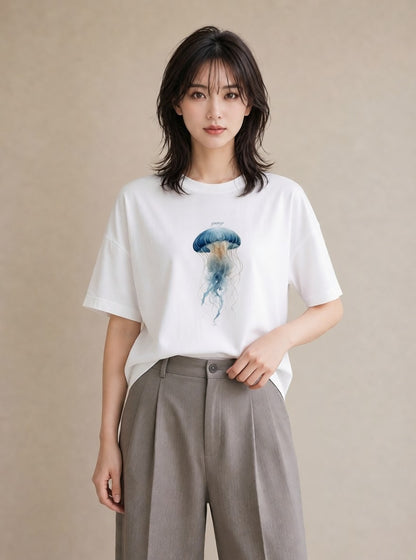 プリントTシャツ レディース くらげ クラゲ 海の生き物 海 イラスト ガーリー 部屋着 女性向けギフト 白T