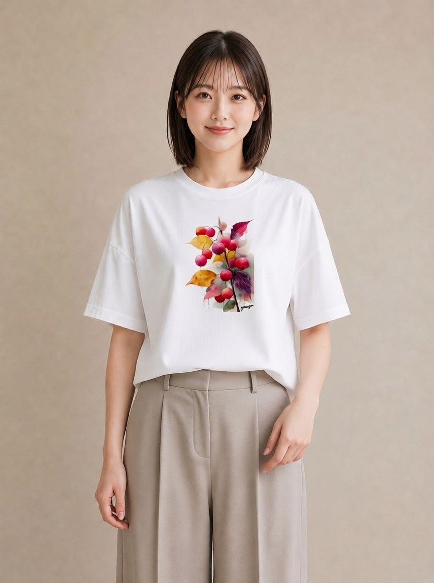 デザインTシャツ レディース 木の実 植物 ボタニカル イラスト カフェコーデ 買い物 夏コーデ 白T