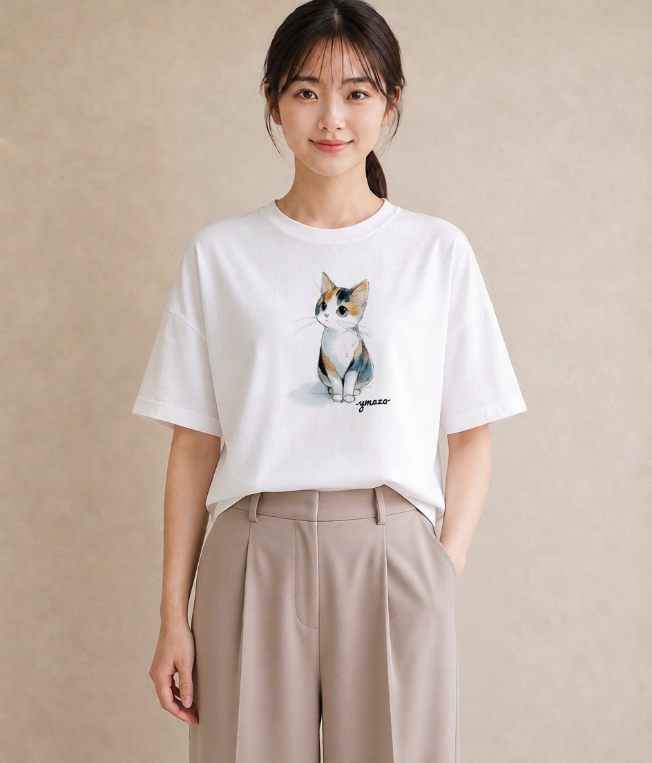 デザインTシャツ レディース ハチワレ 白黒猫 猫 ねこ イラスト カフェコーデ 女性 旅行用 白T