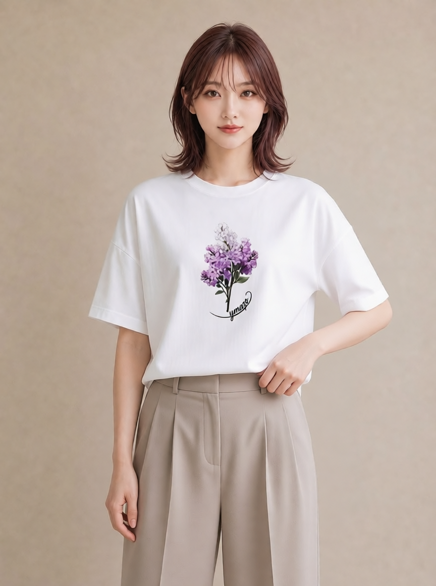 プリントTシャツ レディース ラベンダー 花 花柄 イラスト ガーリー 春服 ミセス 白T