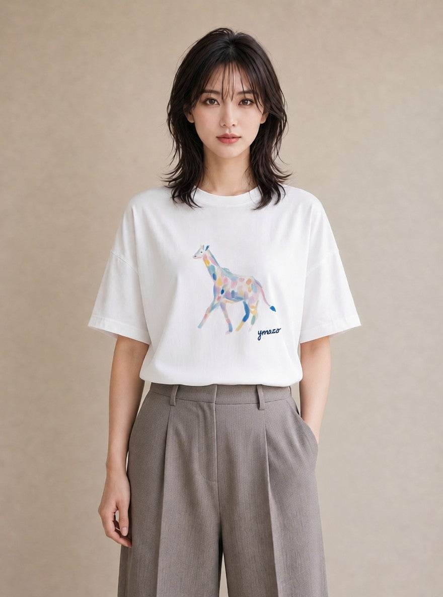 デザインTシャツ レディース きりん 動物 アニマル イラスト 誕生日プレゼント 綿100 白T