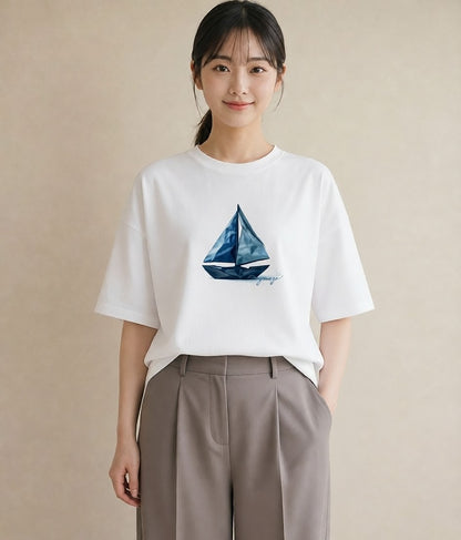 半袖Tシャツ レディース 紙の船 水辺 ナチュラル アンティーク イラスト 普段使い ギフト 母の日 白T