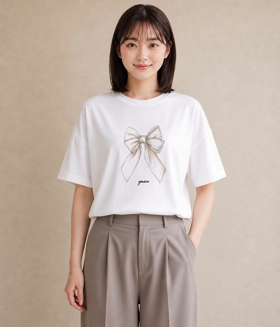 半袖Tシャツ レディース リボン ボウ りぼん イラスト ラフカジュアル 春コーデ 姉妹 白T