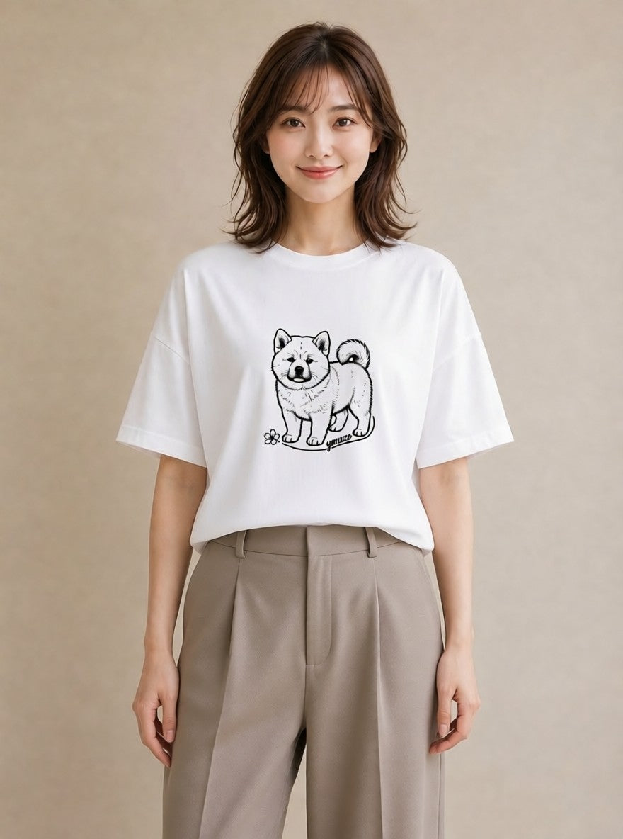 プリントTシャツ レディース 秋田犬 犬 いぬ イラスト ボタニカル 在宅 公園 白T