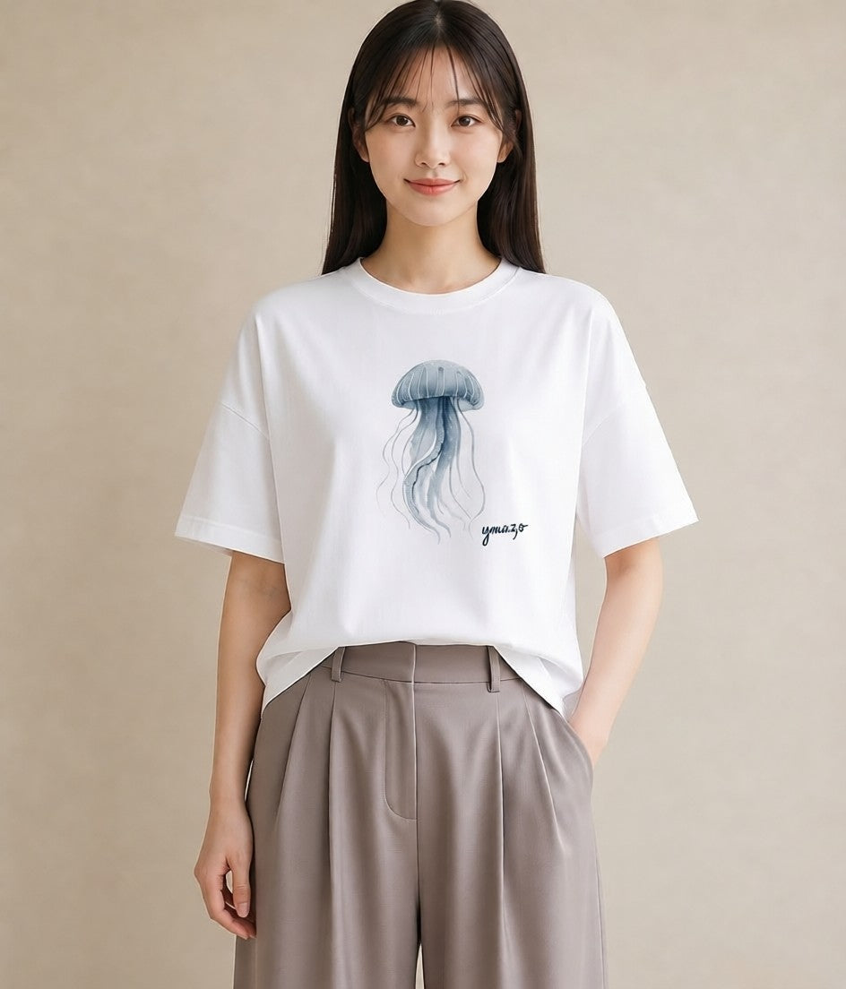 プリントTシャツ レディース イカ 海の生き物 海 イラスト 線画 在宅 公園 白T