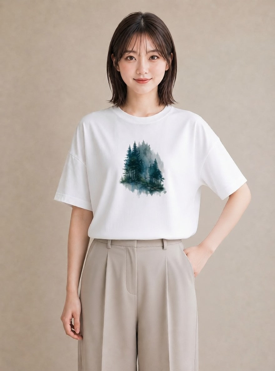 グラフィックTシャツ レディース 青の水彩 風景 ブルー ナチュラル アンティーク イラスト アート風 旅行用 海 白T