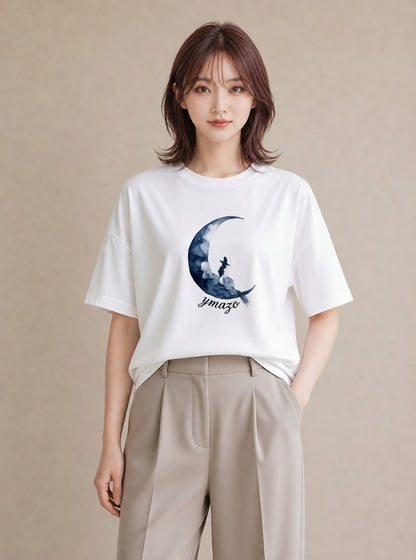 グラフィックTシャツ レディース 月 星空 宇宙 イラスト ユニーク 普段着 週末コーデ 白T