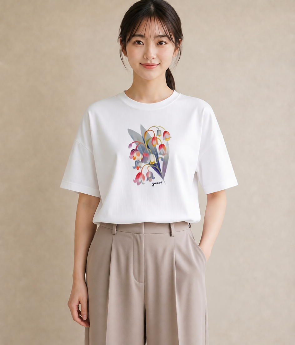 Tシャツ レディース すずらん 花 花柄 イラスト 線画 カフェ服 クリスマス 白T