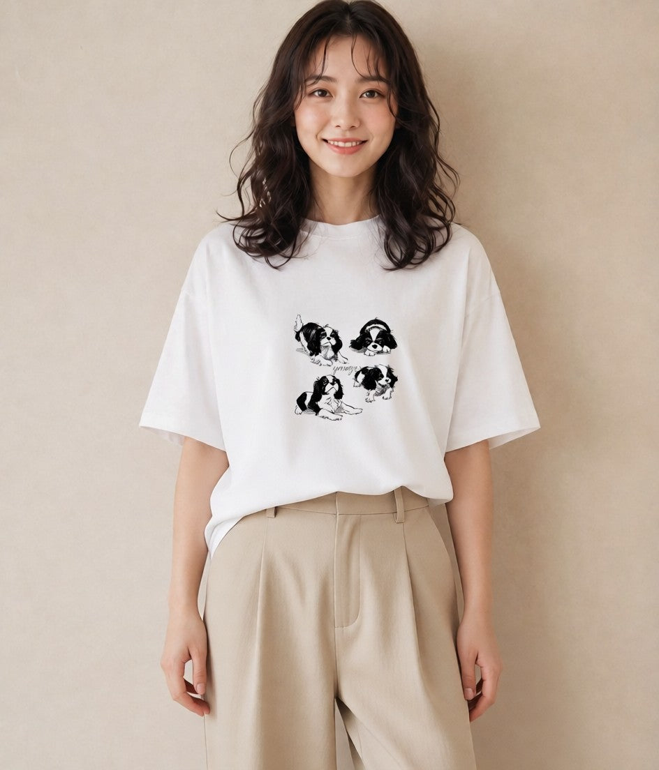 Tシャツ レディース キャバリア 犬 いぬ イラスト ミセス 春コーデ 白T