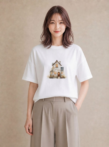 プリントTシャツ レディース 湖畔の小屋 湖 小屋 ナチュラル アンティーク イラスト 水彩風 ルームウェア ギフト 白T