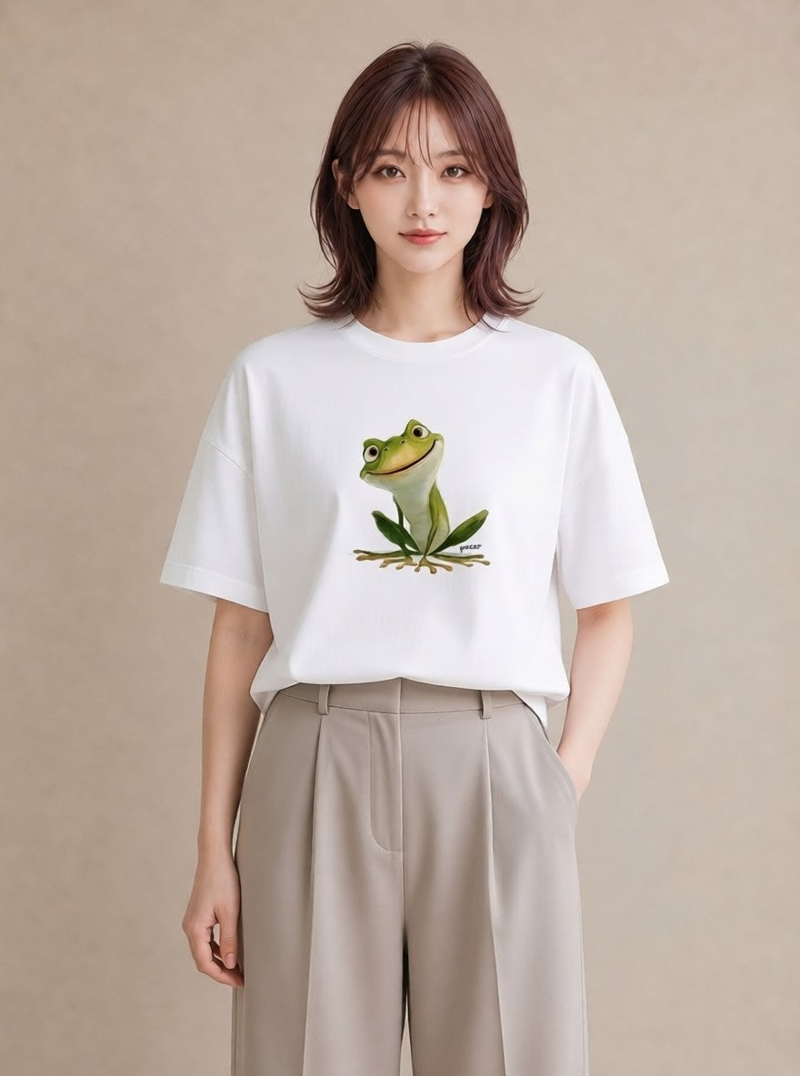 Tシャツ レディース アマガエル ペット 動物 イラスト きれいめカジュアル 部屋着 女性向けギフト 白T