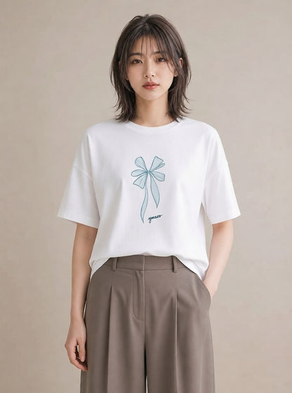 デザインTシャツ レディース リボン ボウ りぼん イラスト ラフ 公園 ママ 白T