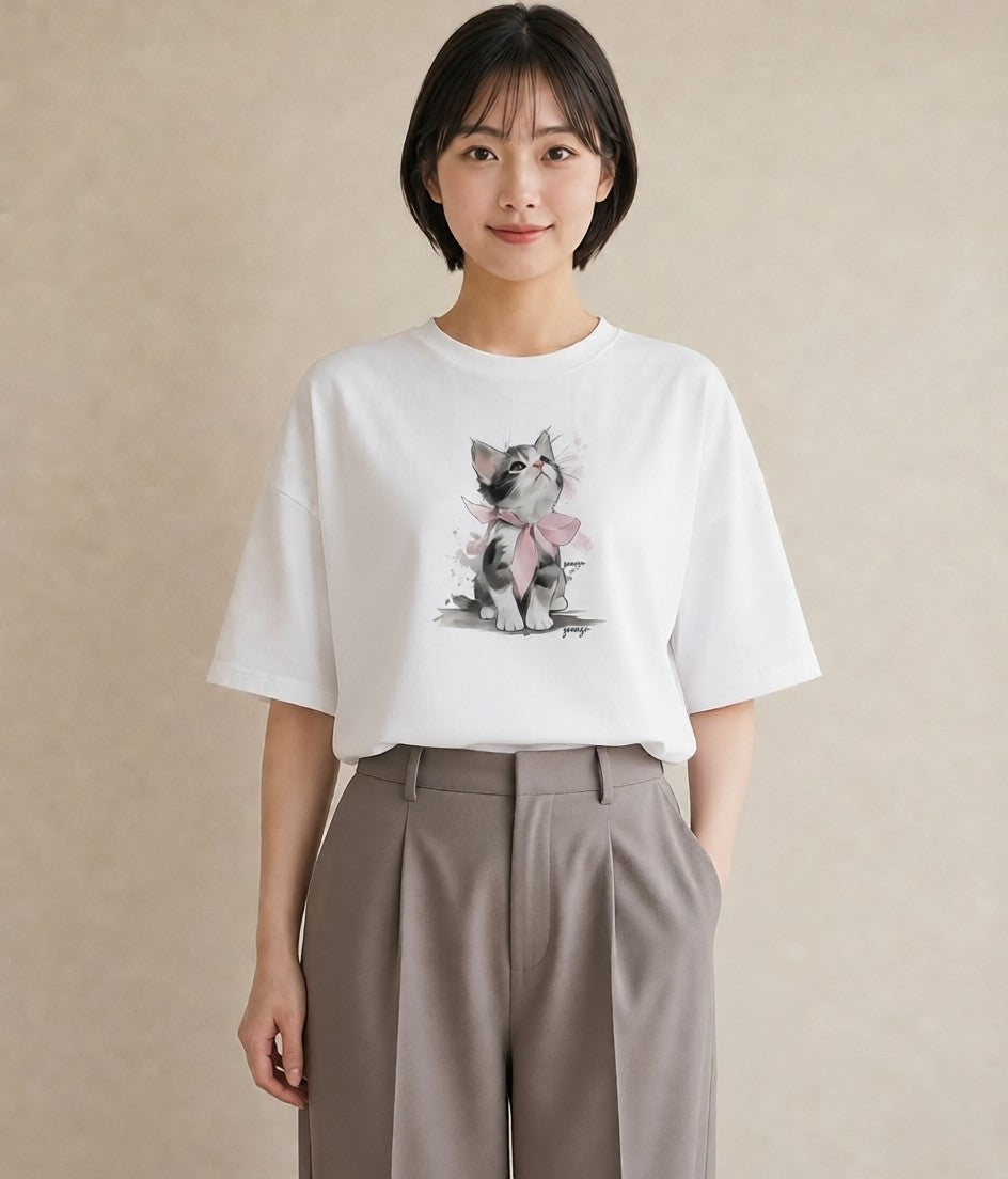 グラフィックTシャツ レディース サバトラ 猫 ねこ イラスト アート風 帰省 ラフ 白T